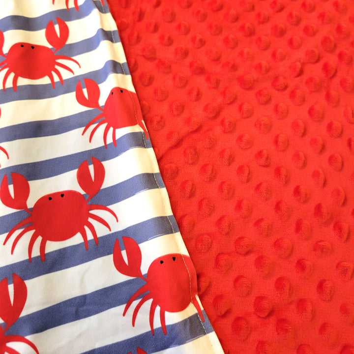 Red Crab Blue Stripe Minky Baby Blanket Reverse