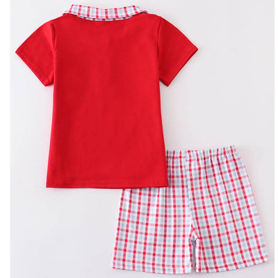 Red Crab Embroidered Boys Plaid Short Set (back)