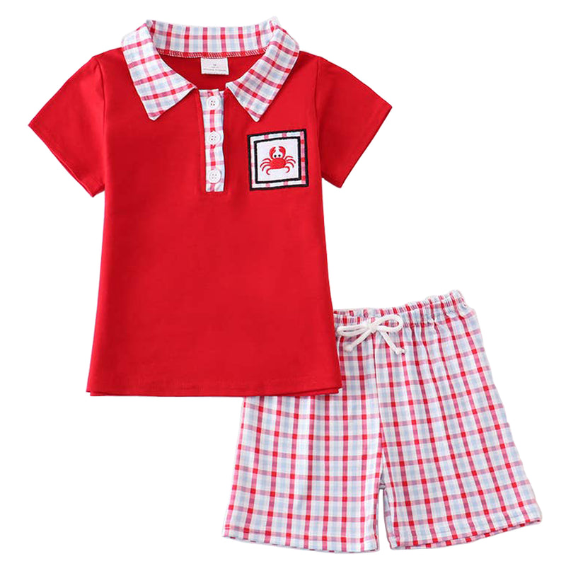 Red Crab Embroidered Boys Plaid Short Set