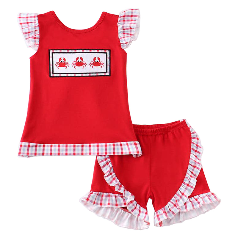 Red Crab Embroidered Girls Ruffle Short Set
