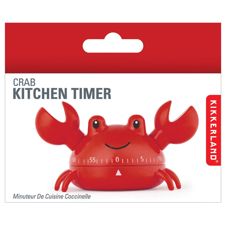 Red crab-shaped kitchen timer packaging with Kikkerland branding.