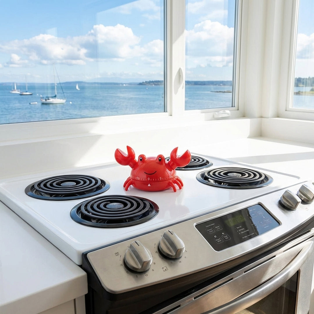 Red crab-shaped kitchen timer on a stove with a window view of water and boats.