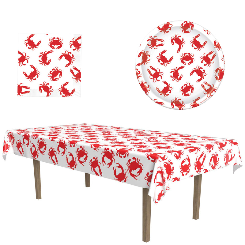 Plastic Tablecloth and paper plates and napkins with red crab pattern on a white background