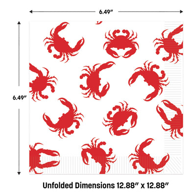 Red crab paper lunch napkins with dimensions indicated.