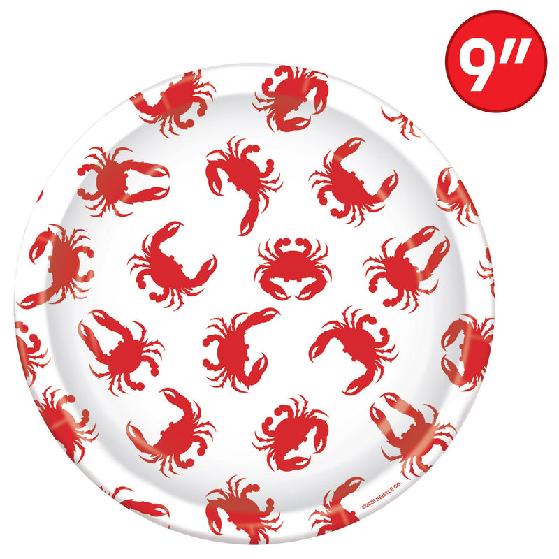 9-inch paper plate with red crab pattern on a white background
