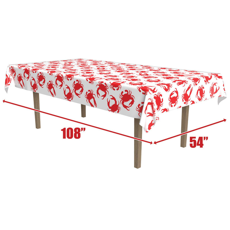 Plastic Tablecloth with red crab pattern and measurements on a white background