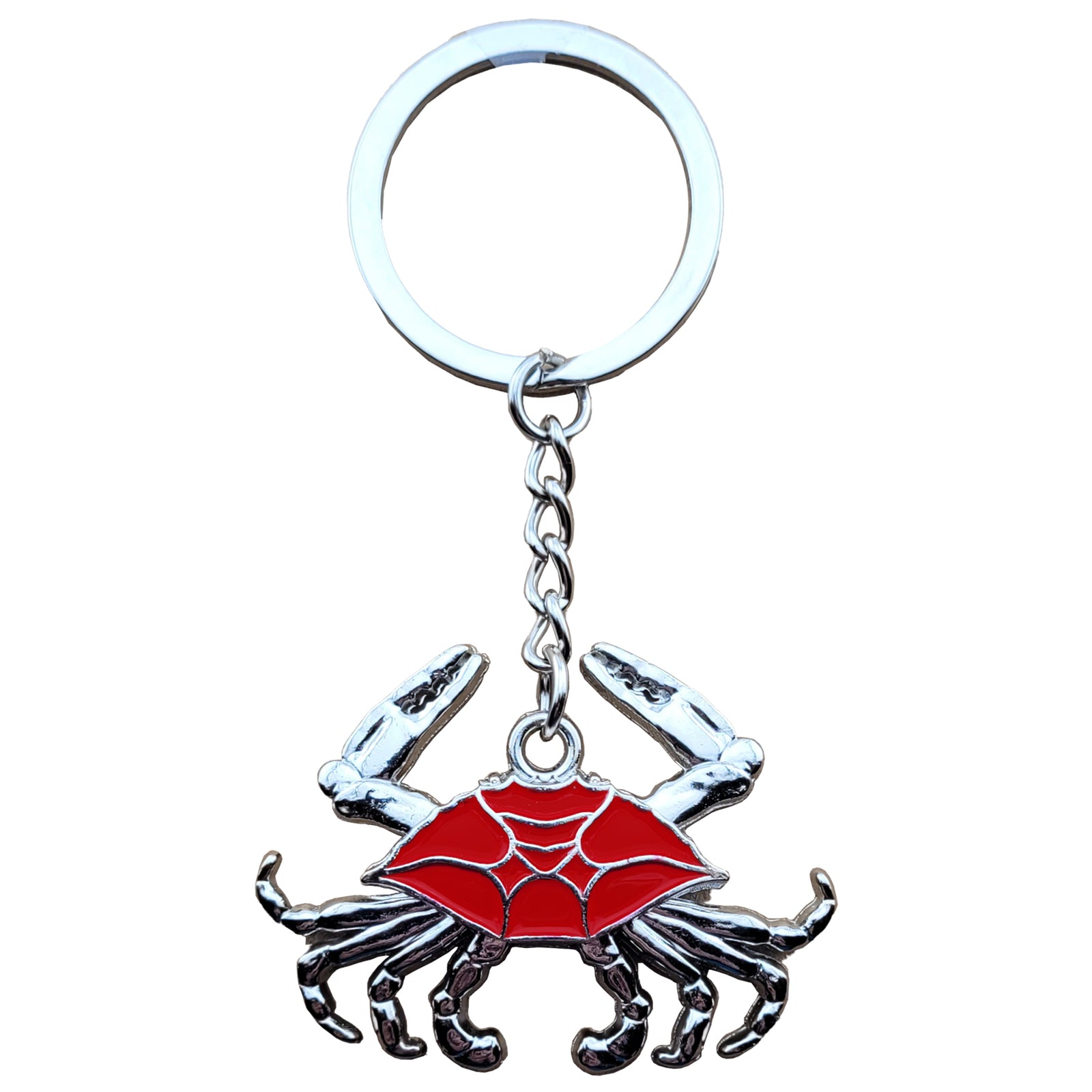 key ring with a red shell crab and moveable chrome look legs