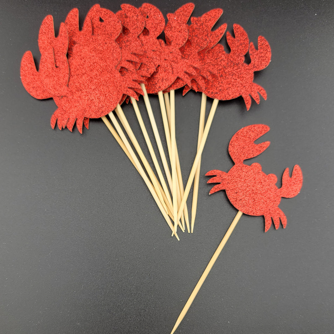 Red Glitter Crab Cupcake Topper Picks Set of 12