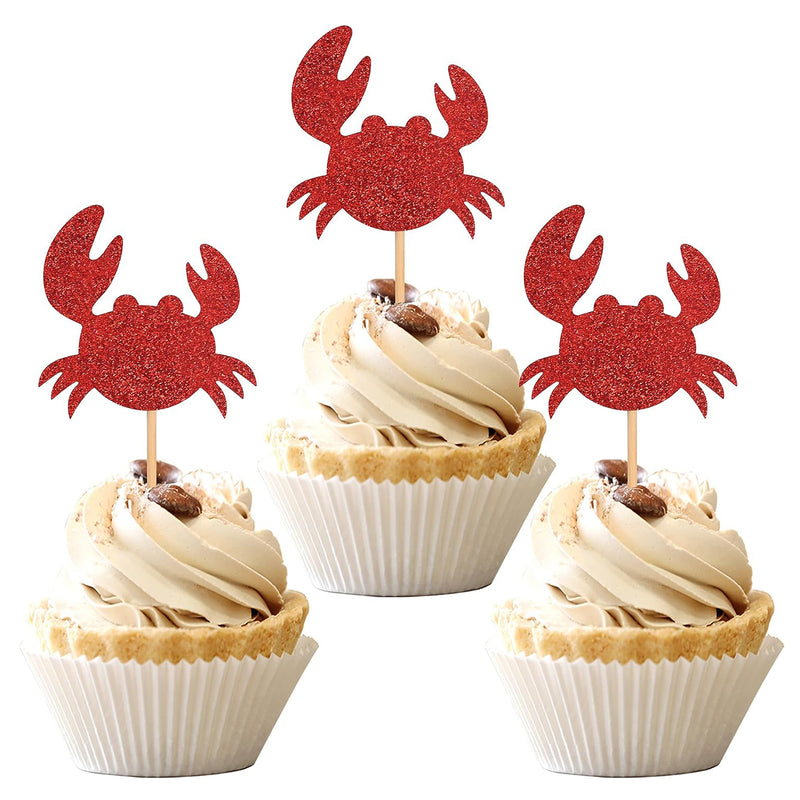 Red Glitter Crab Cupcake Topper Picks Set of 12 (scene)