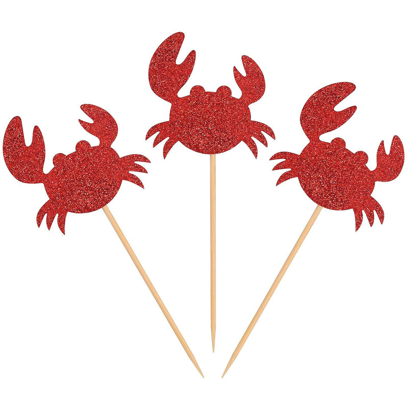 Red Glitter Crab Cupcake Topper Picks Set of 12