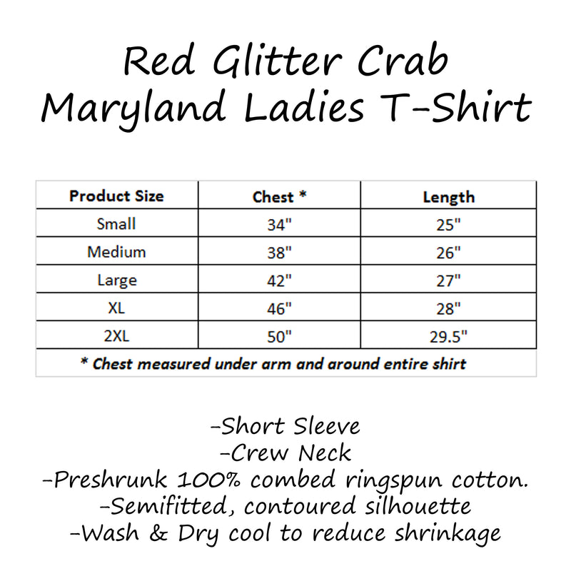Red Glitter Crab Maryland T-Shirt Size Chart