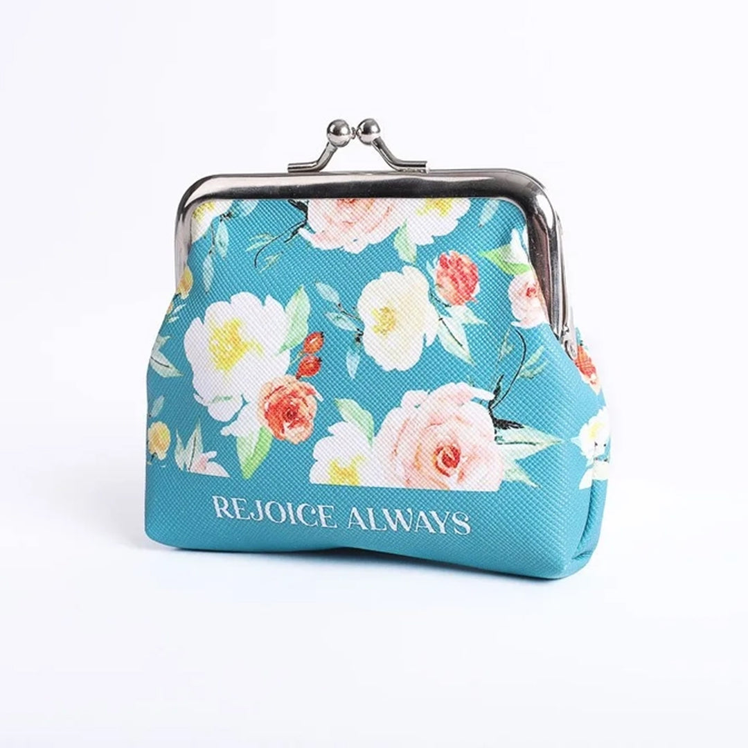 Christian Themed Coin Purse - Rejoice Always teal floral design.