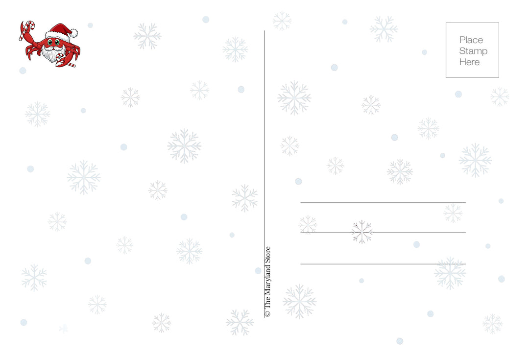 the back of a postcard featuring a small image in the upper left corner of a crab in a santa hat holdiing candy canes with a white background and light blue snowflakes. Stamp placement and address lines are indicated.
