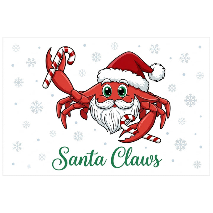 a red crab with a white beard wearing a santa hat and holding a candy cane in each claw. In the white background are light blue snowflakes and the words Santa Claws.
