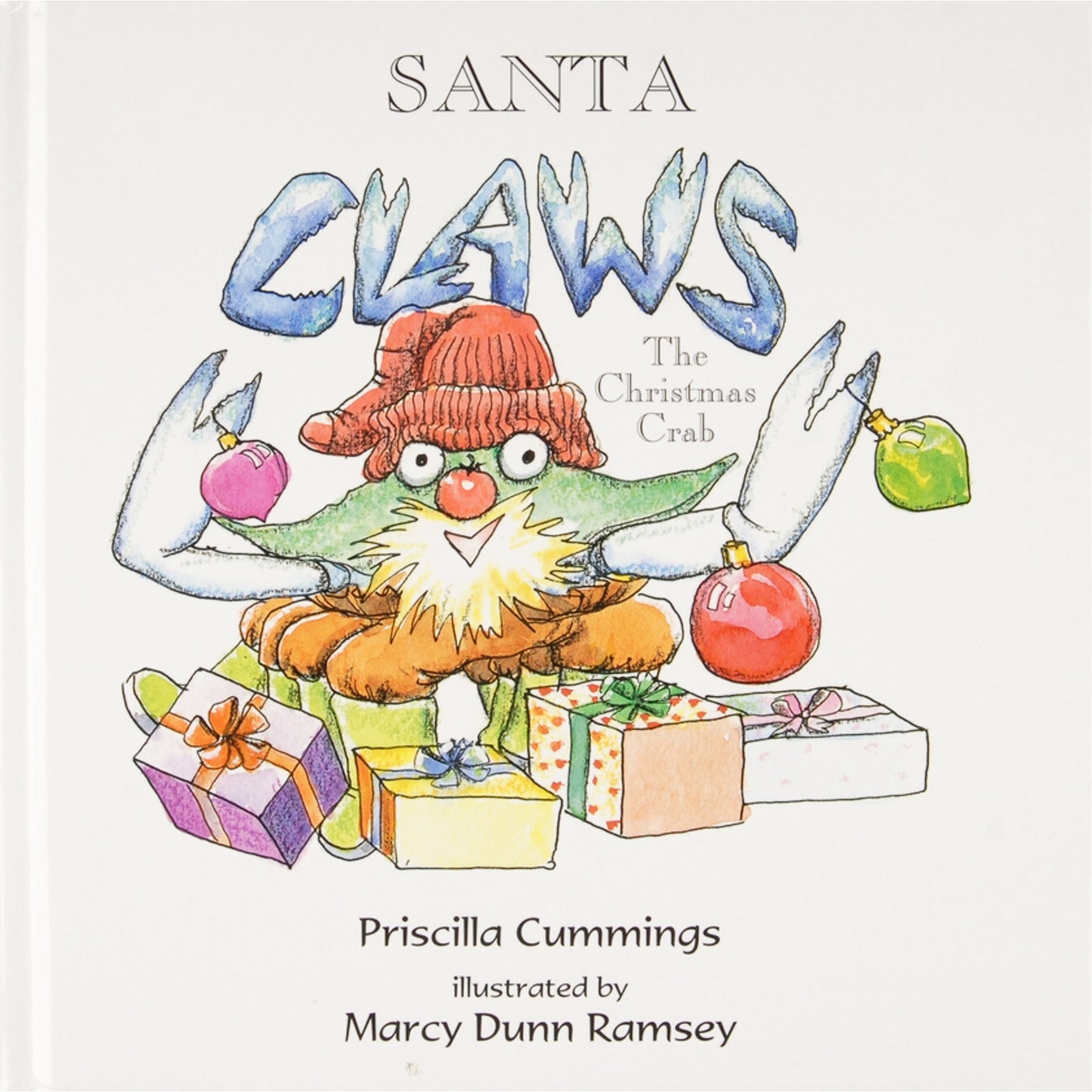 Book cover of 'Santa Claws: The Christmas Crab' with a crab character wearing a Santa hat surrounded by Christmas presents.