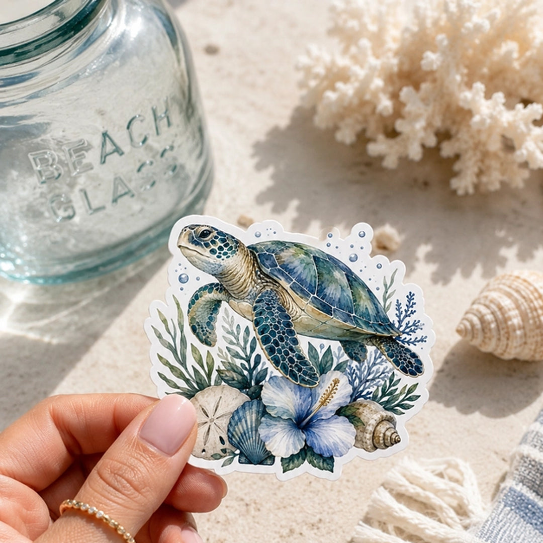 Coastal Sea Turtle Tropical Die-Cut Vinyl Sticker.