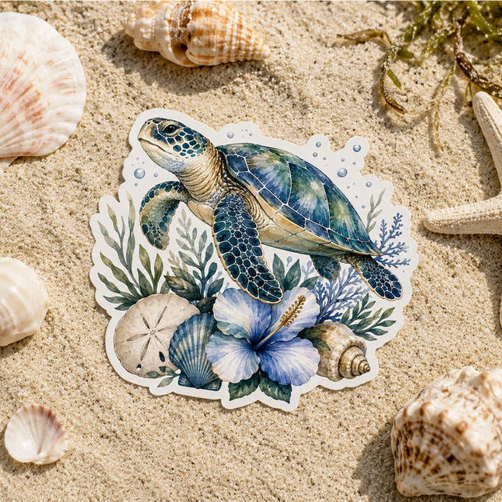 Coastal Sea Turtle Tropical Die-Cut Vinyl Sticker.
