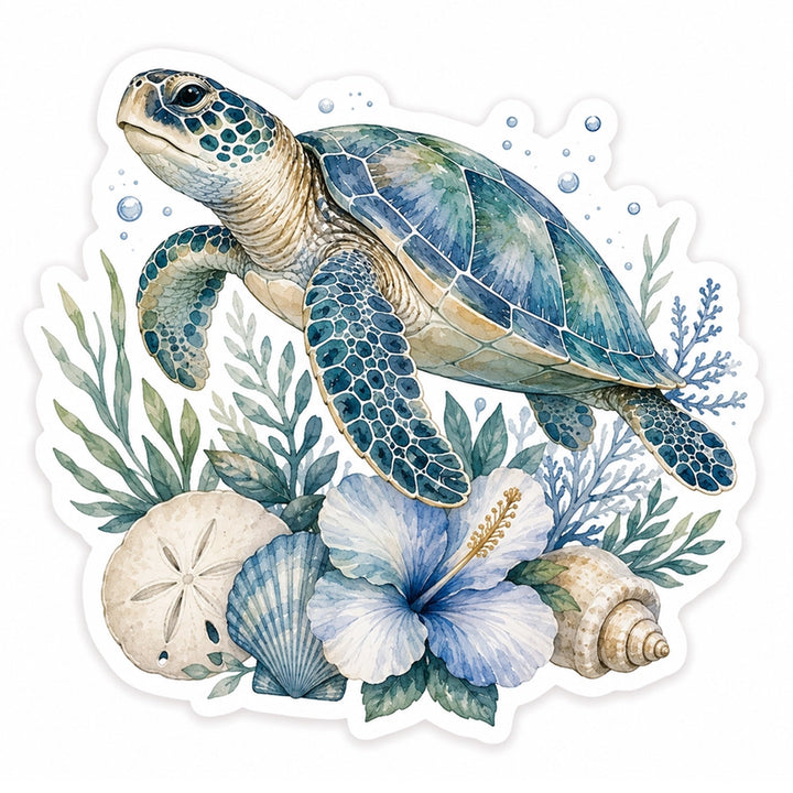 Coastal Sea Turtle Tropical Die-Cut Vinyl Sticker.