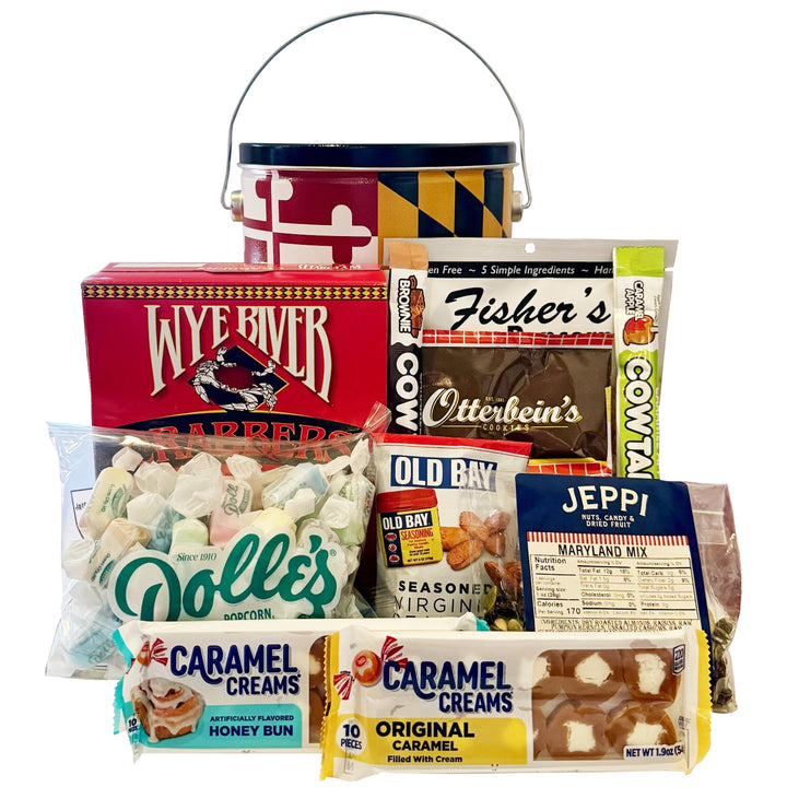 A Snack Extravaganza Maryland Flag Gift Tin filled with assorted sweet treats and snacks, including Wye River Crabbers Crackers, Fisher&