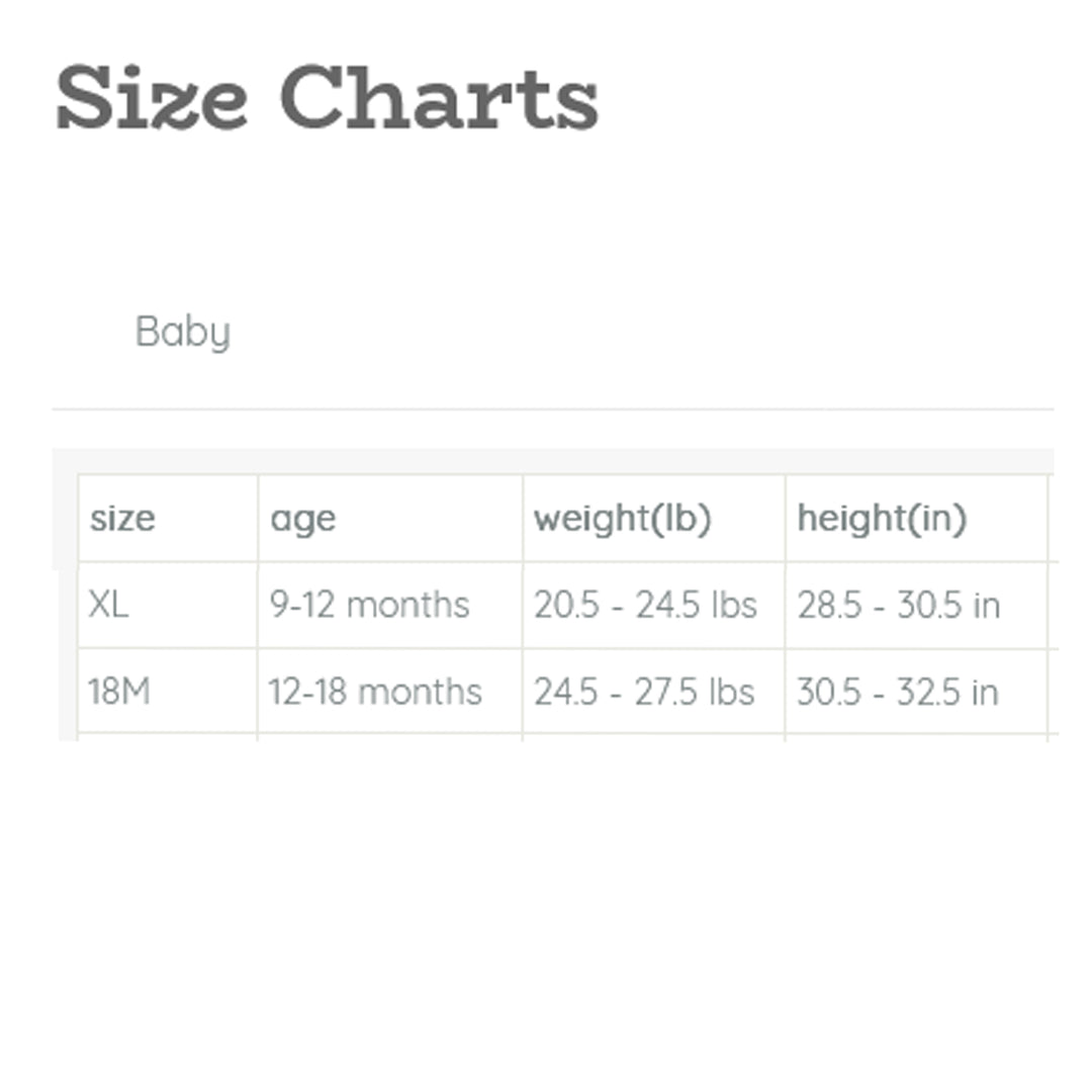 Snappy Dresser Crab Onesie Size Chart