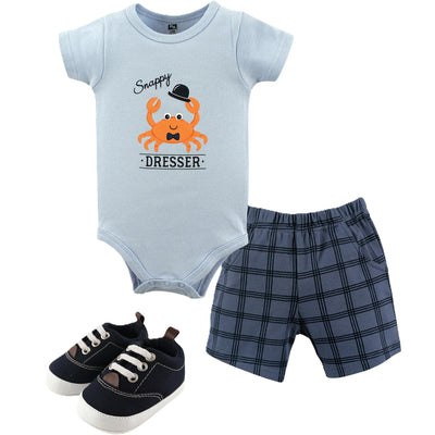 Snappy Dresser Crab Onesie, Shorts & Shoe Set