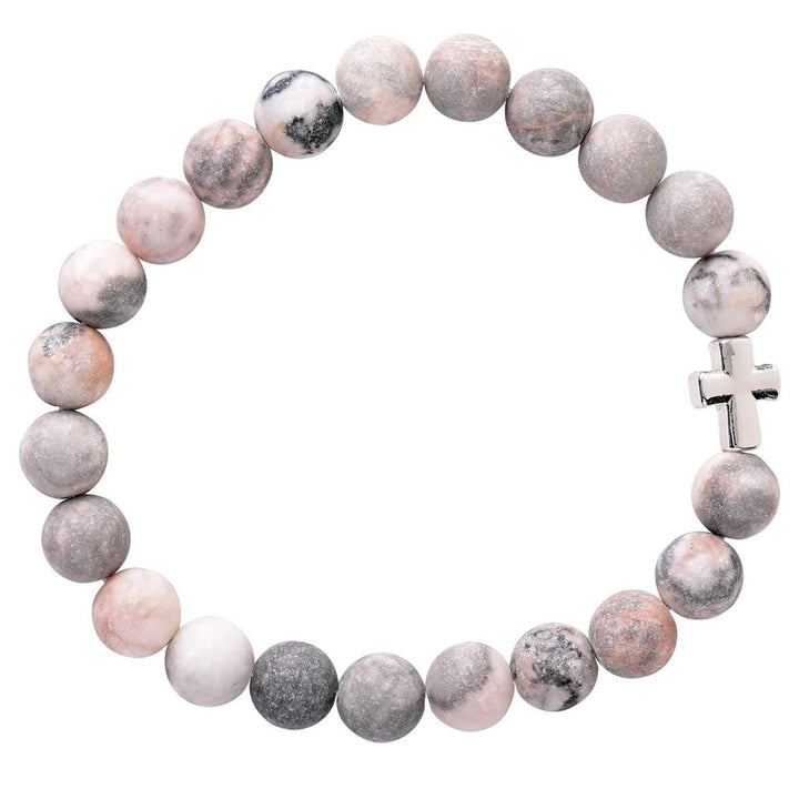 Bead Stretch Bracelet with Cross - Red Zebra Stone