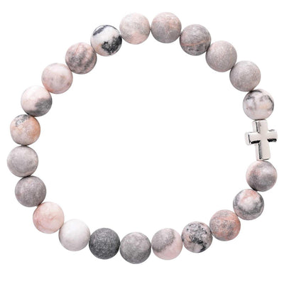 Bead Stretch Bracelet with Cross - Red Zebra Stone