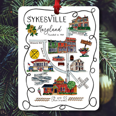 Carroll County Local Artist Ornament - Sykesville Maryland Town Map