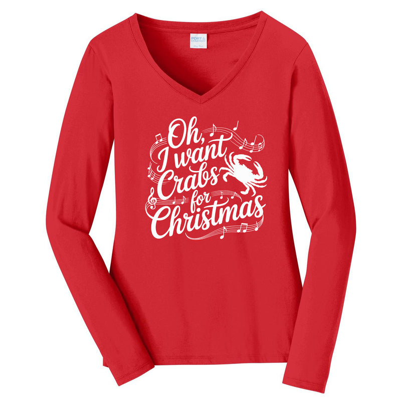 crabs for Christmas long sleeve v-neck womens tshirt red color