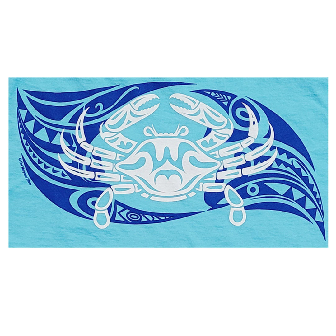 tribal tattoo crab design blue t-shirt logo closeup