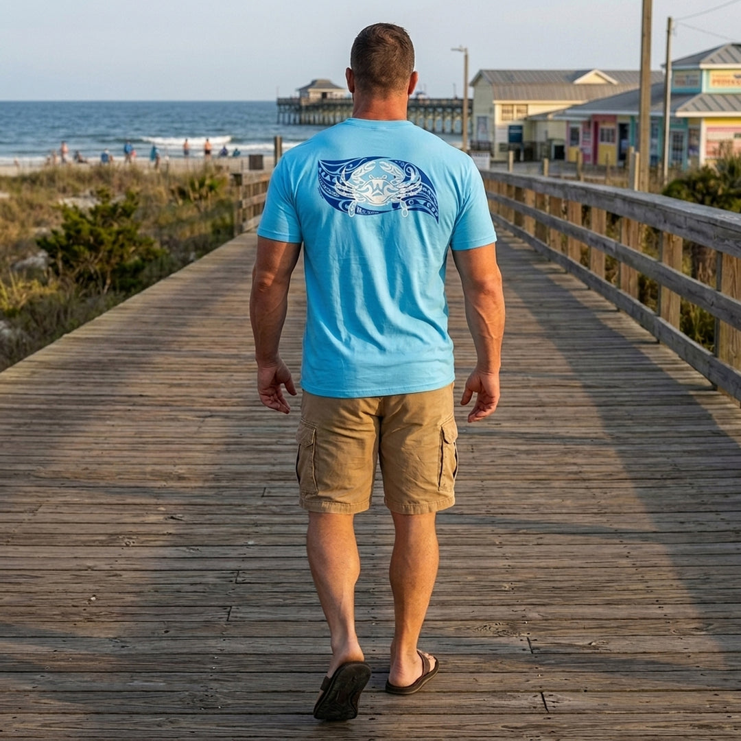 tribal tattoo crab design blue t-shirt back model