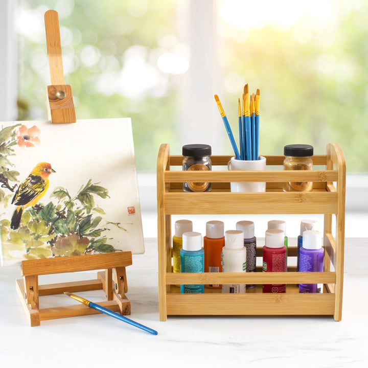 Two Tier Shelf Caddy Bamboo - Scene with Crafts
