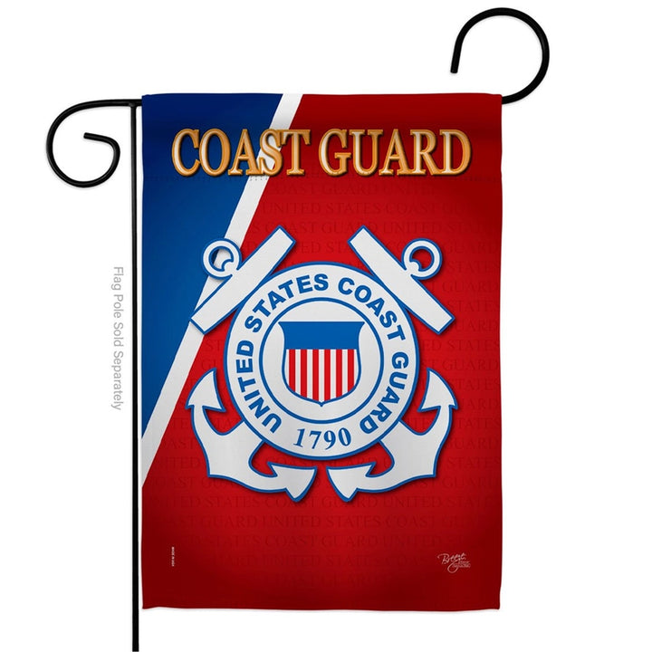 A vertical garden flag featuring the United States Coast Guard emblem, with a red and blue split background, gold &