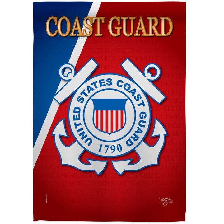 A United States Coast Guard themed flag with a red background, blue diagonal stripe, gold &