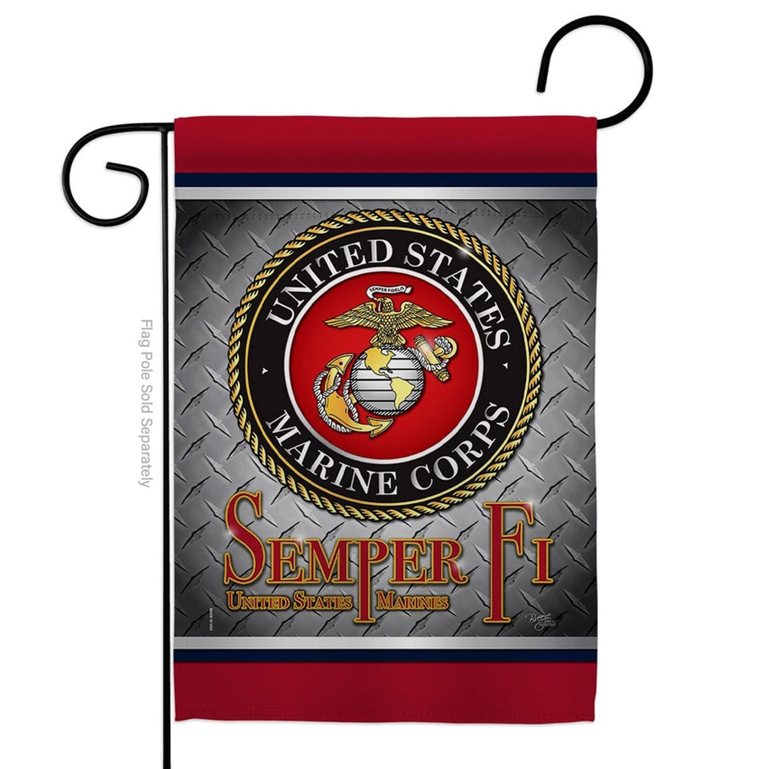 A United States Marine Corps garden flag. The flag features a red top and bottom border, a gray diamond plate pattern background, the circular United States Marine Corps emblem in the center, and &