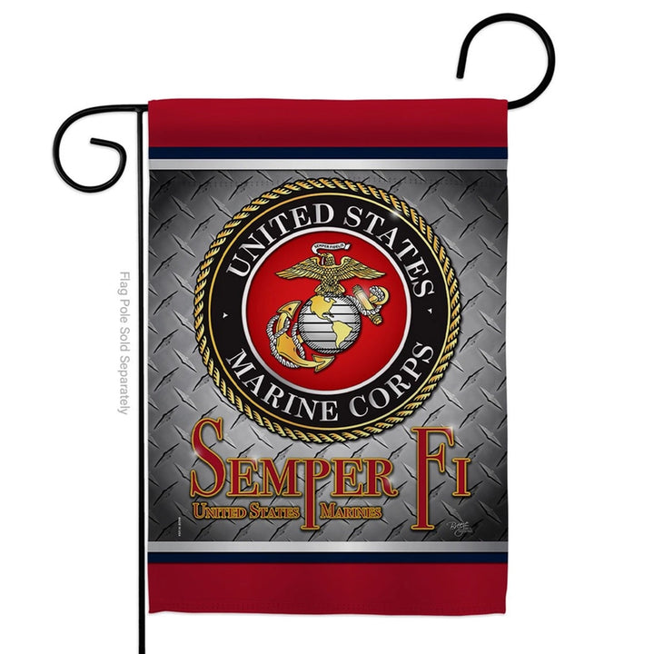A United States Marine Corps garden flag. The flag features a red top and bottom border, a gray diamond plate pattern background, the circular United States Marine Corps emblem in the center, and &