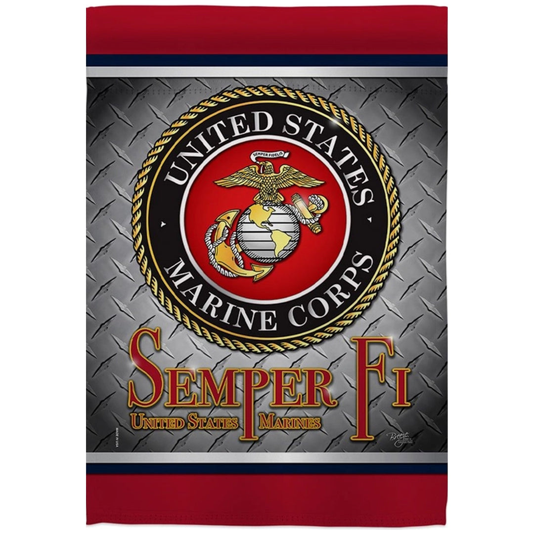 A United States Marine Corps Semper Fi garden flag featuring the official USMC emblem in the center, set against a diamond plate pattern background with red and navy borders at the top and bottom.