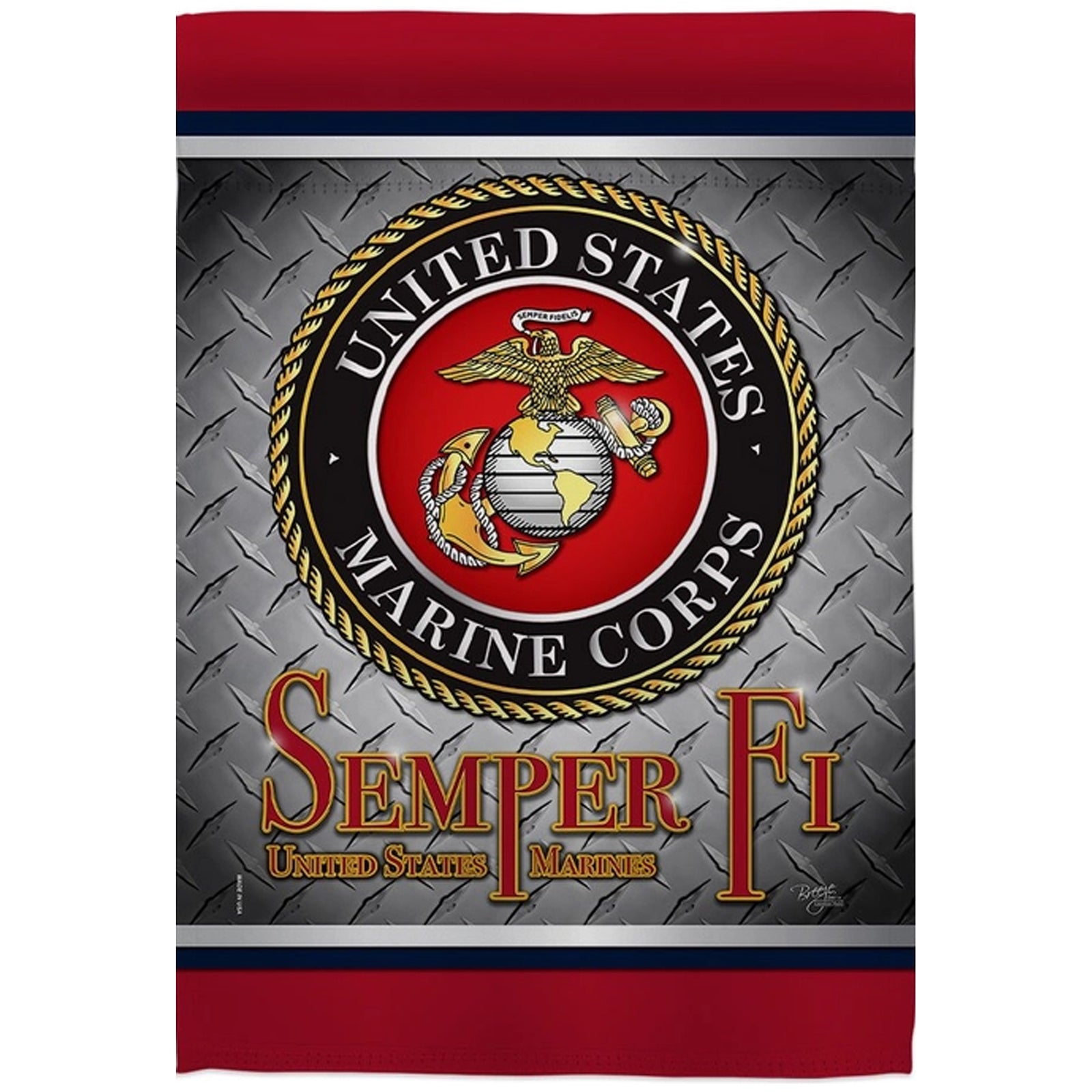 A United States Marine Corps Semper Fi garden flag featuring the official USMC emblem in the center, set against a diamond plate pattern background with red and navy borders at the top and bottom.
