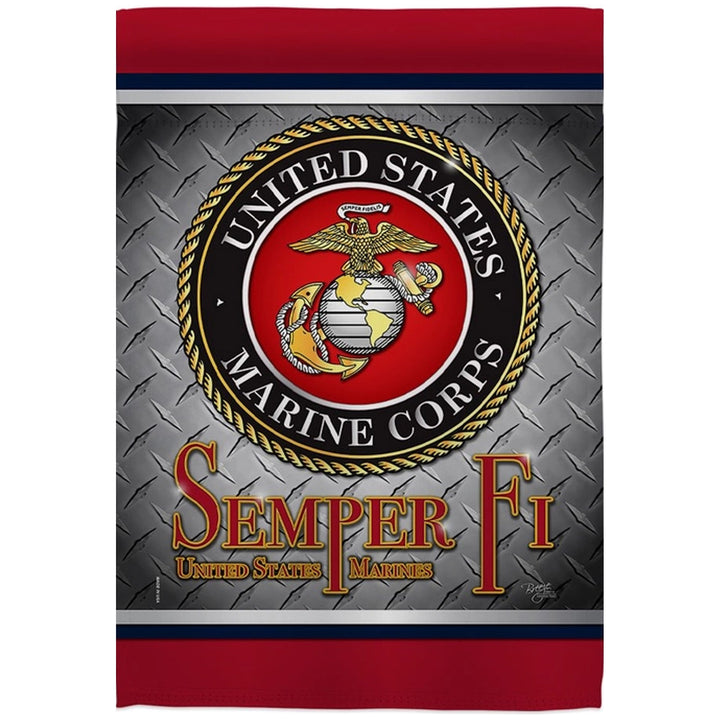 A United States Marine Corps Semper Fi garden flag featuring the official USMC emblem in the center, set against a diamond plate pattern background with red and navy borders at the top and bottom.