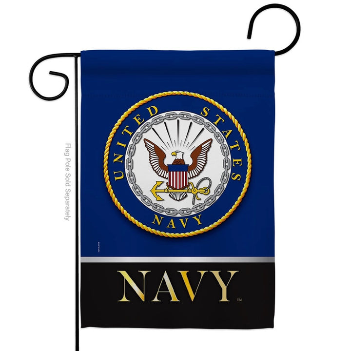 A vertical garden flag on a black metal hanger, featuring the United States Navy emblem on a royal blue background with a black band at the bottom displaying &