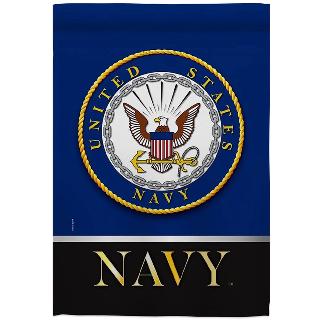 United States Navy garden flag featuring the official US Navy emblem in the center on a blue background, with &