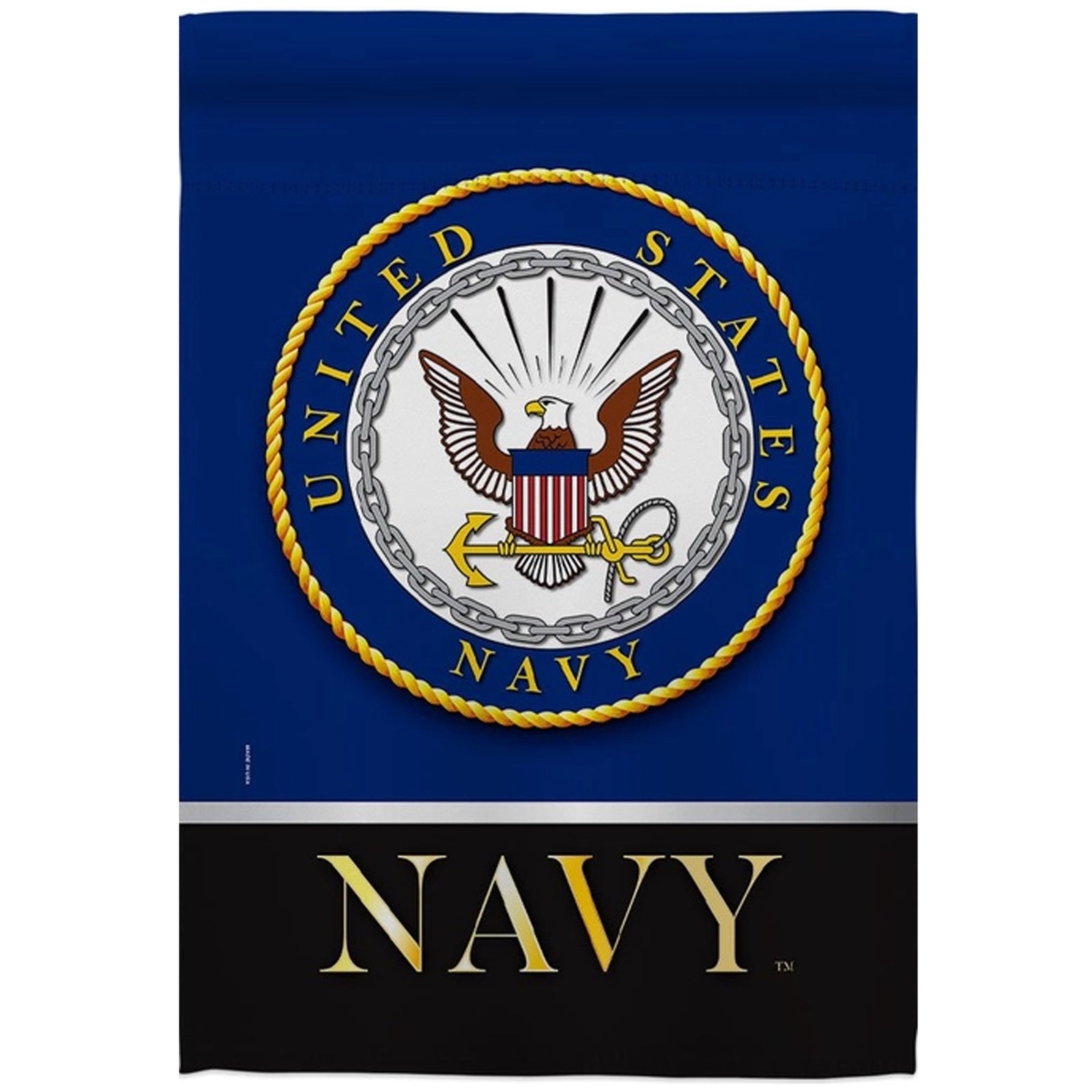 United States Navy garden flag featuring the official US Navy emblem in the center on a blue background, with 'NAVY' printed in gold on a black band at the bottom.