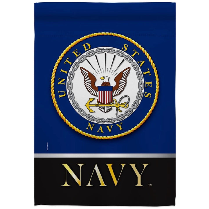 United States Navy garden flag featuring the official US Navy emblem in the center on a blue background, with &