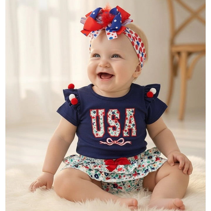 USA Floral Applique Baby Onesie and Bloomers Set