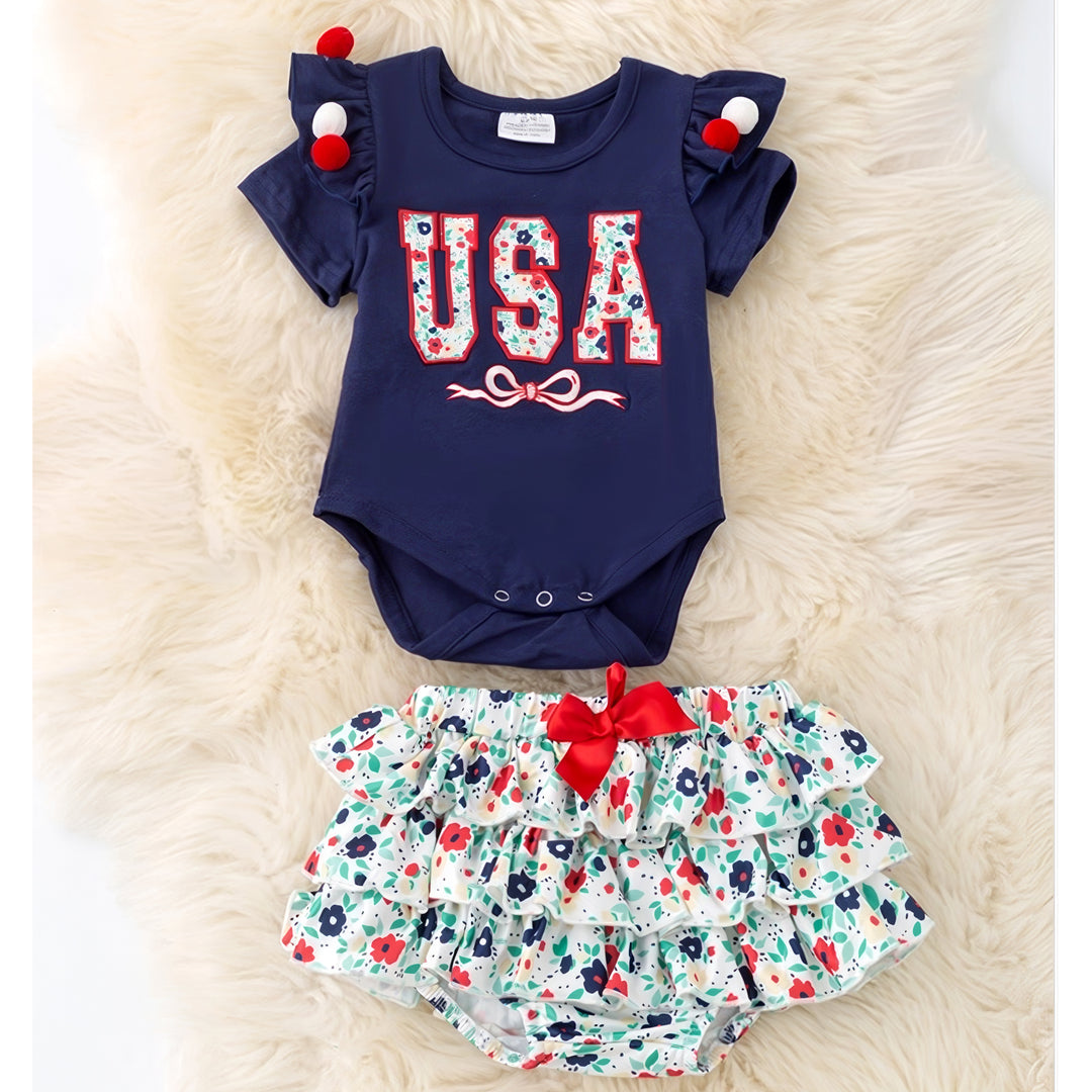 USA Floral Applique Baby Onesie and Bloomers Set