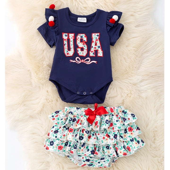 USA Floral Applique Baby Onesie and Bloomers Set