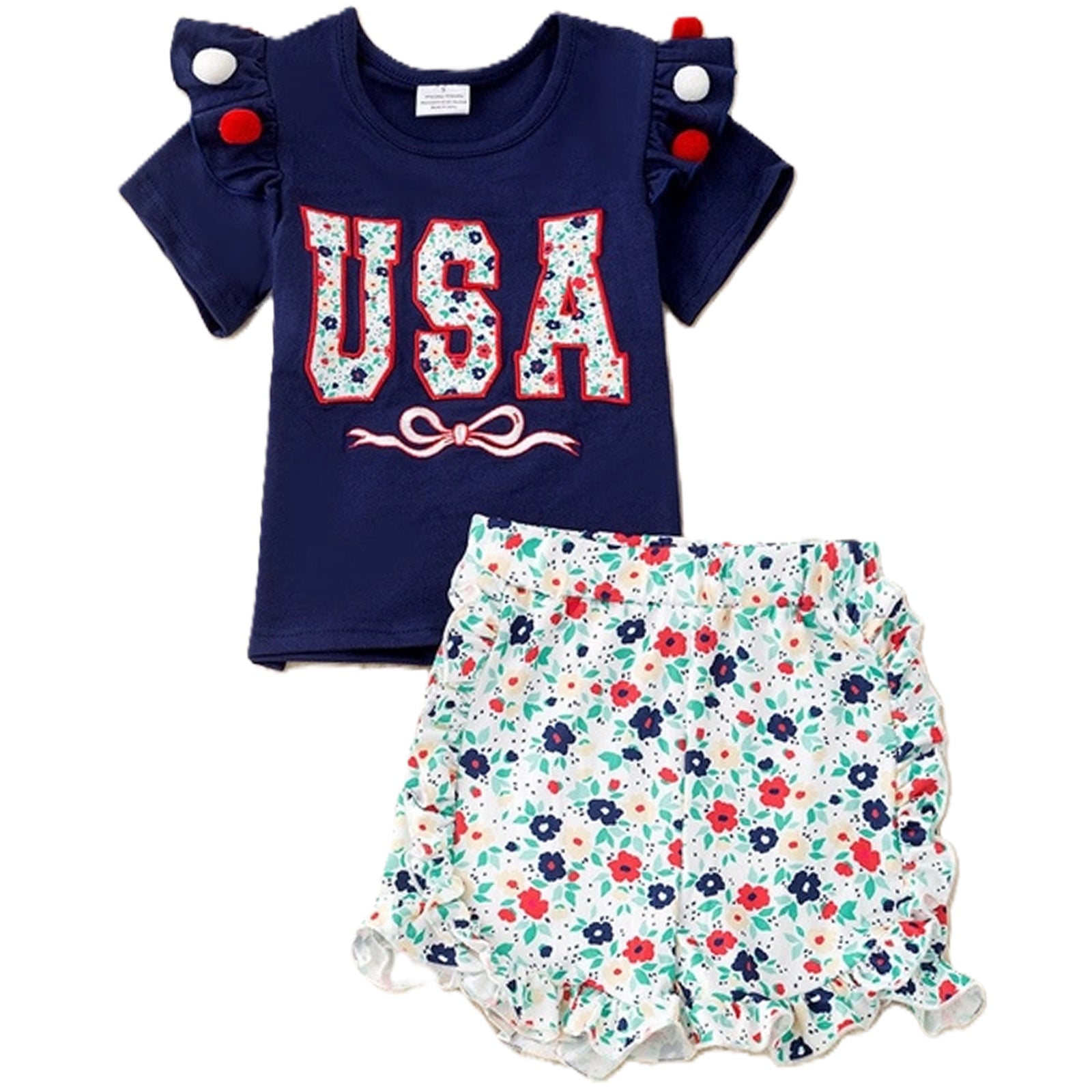 USA Floral Applique Girls Ruffle Top and Shorts Set