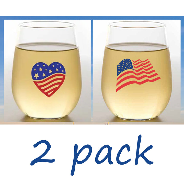 Shatterproof Stemless Wine Set of 2 - USA Flag Heart / USA Flag Waving
