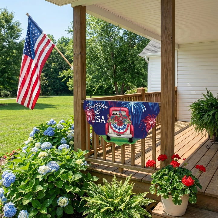 Vinyl Bunting Flag Patriotic Truck God Bless the USA on house porch scene