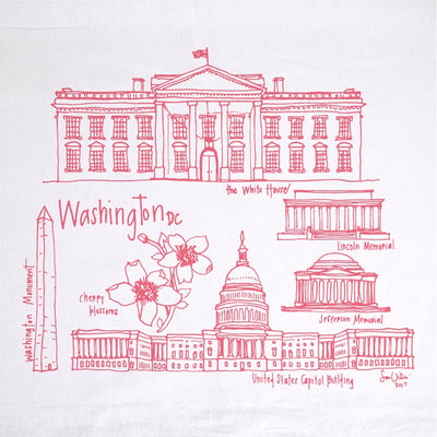 Kitchen towel of famous Washington, D.C. landmarks on a white background
